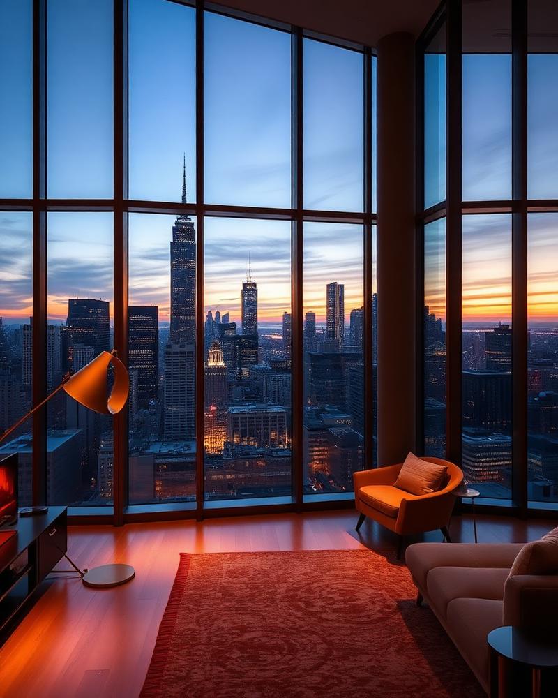 Sala do Studio Horizonte com vista da cidade ao entardecer